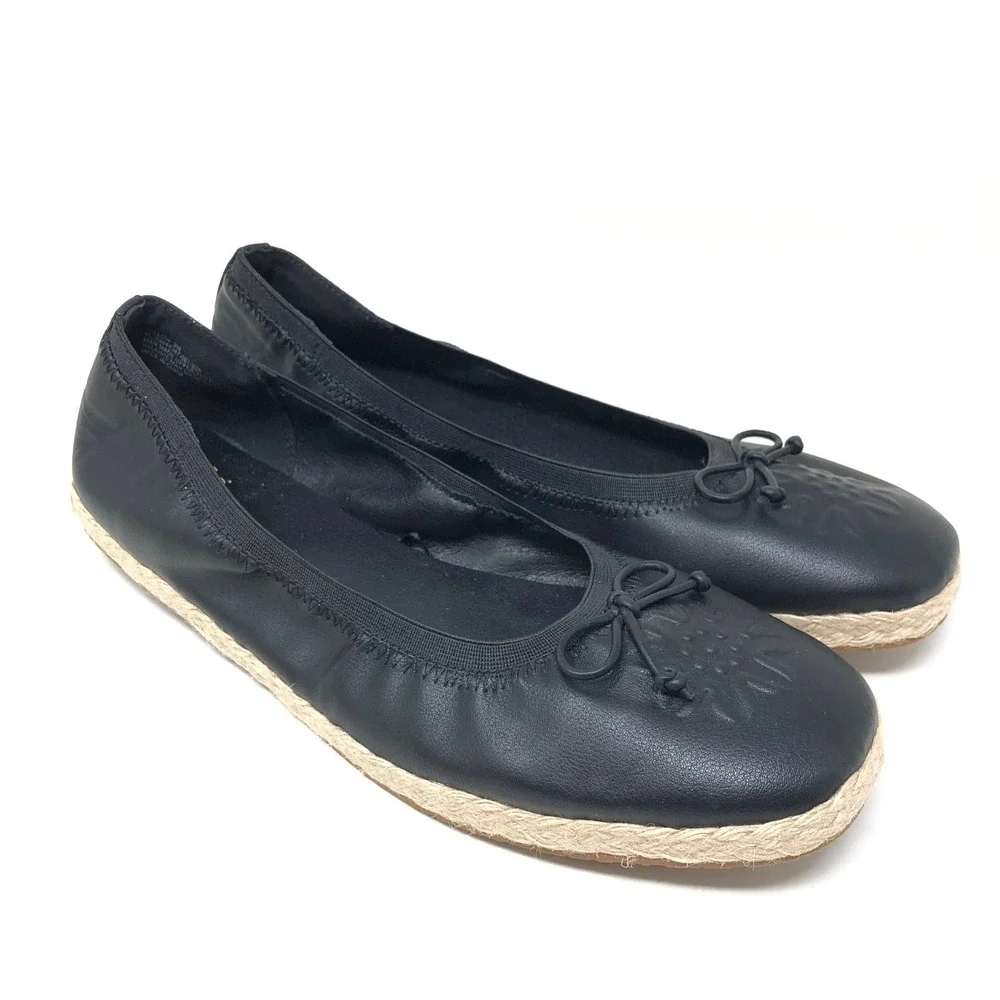Frye and Co Women's 9 Willow Ballet‎ Flat Black Espadrille Jute Bow Floral